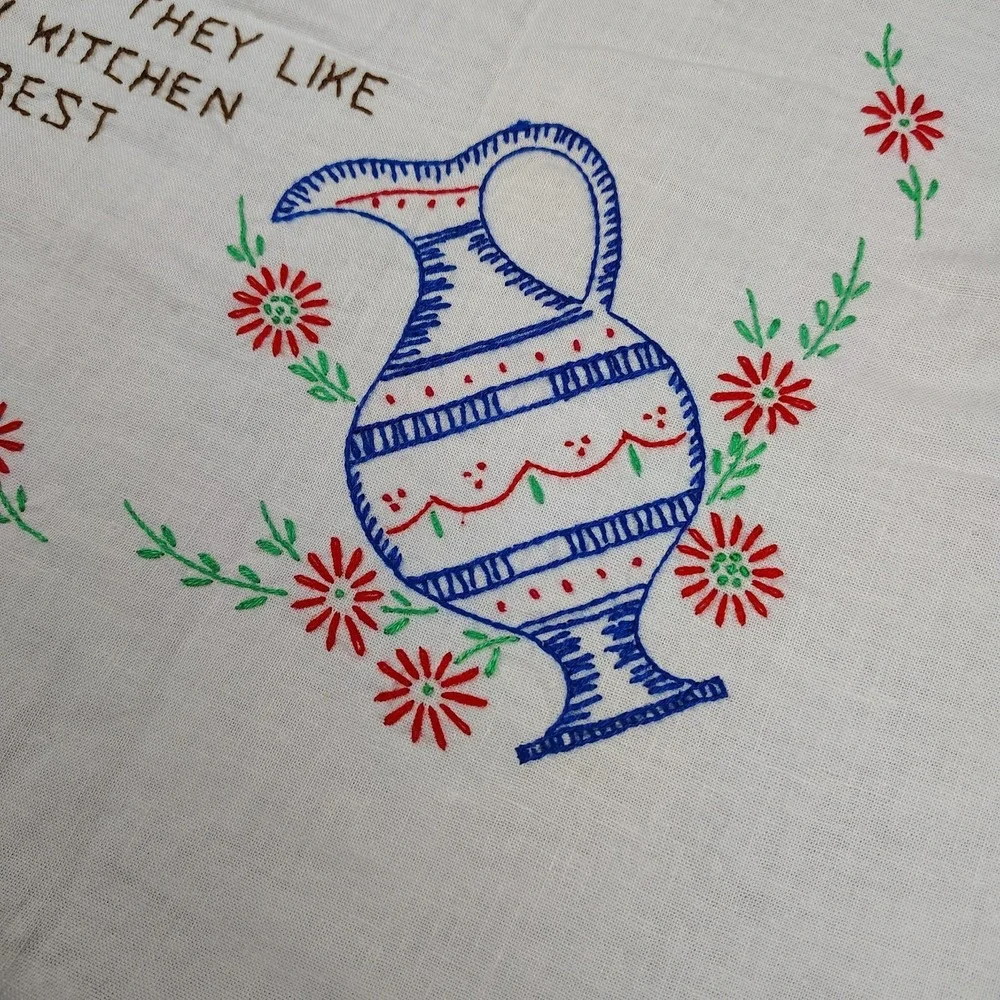 Vintage Embroidered Tablecloth Cottage Kitchen Hosting 50s Cross Stitch 33